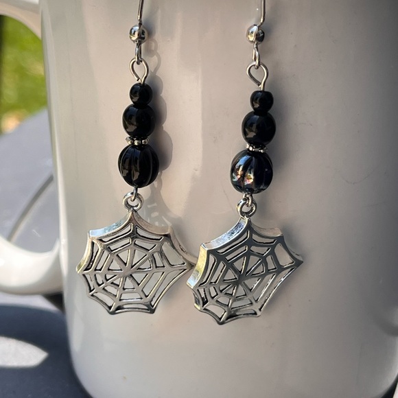 Hand Crafted Jewelry - Handcrafted Spiderweb black Czech glass earrings